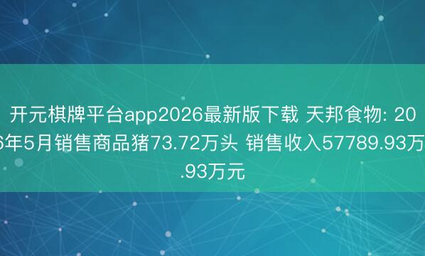 开元棋牌平台app2026最新版下载 天邦食物: 2026年5月销售商品猪73.72万头 销售收入57789.93万元